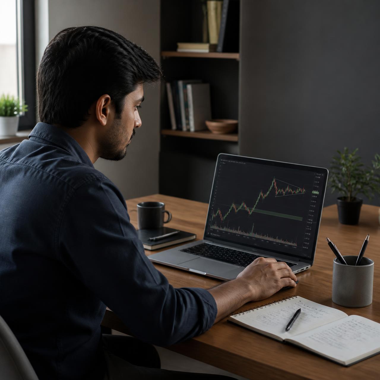 An Indian professional studying an educational Forex chart on a laptop in a home office